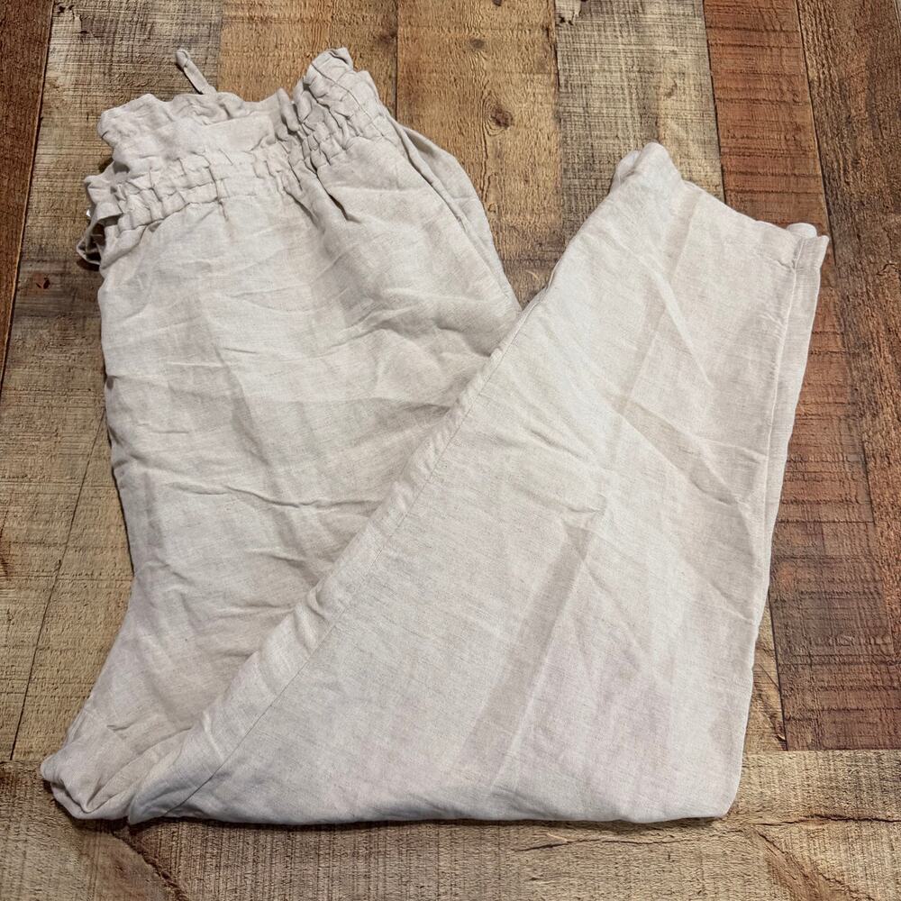H&M NEW Wmn Cream Linen Blend Paperbag Cropped Pull-On Pants Sz XL Resort Casual